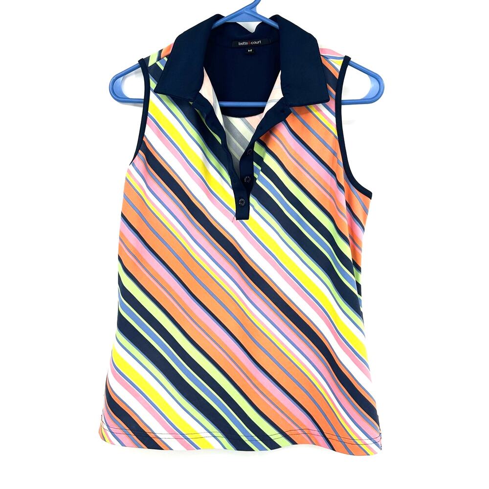Bette & Court Size Medium Blouse Multicolor Stripe Sleeveless Polo Tank Preppy‎